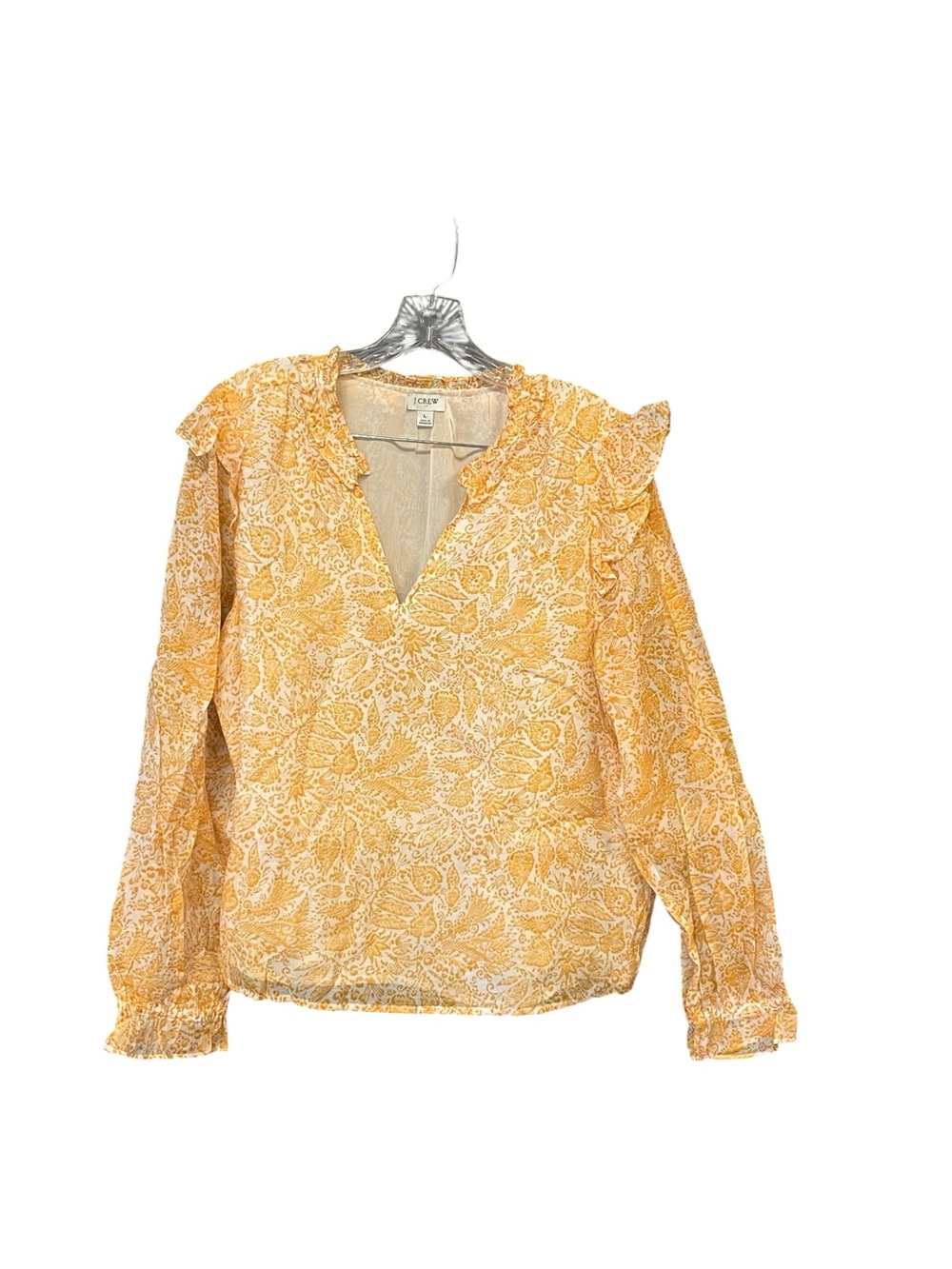 J.Crew Ruffle Neck Floral Blouse Women’s L Yellow Ivory V-Neck Long Sleeve Top
